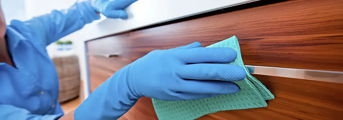 Cleaner wearing blue gloves wiping a wooden cabinet drawer with a microfiber cloth for dust and grime removal, Long Beach, CA.