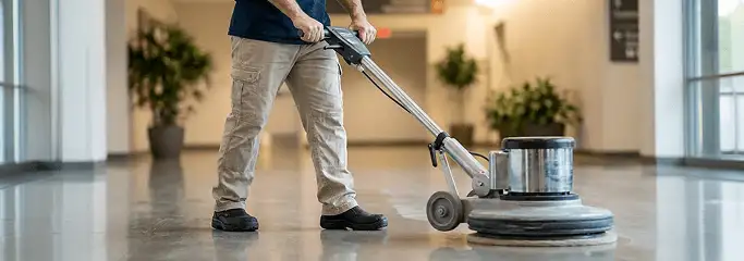 Professional technician using an industrial floor buffer to polish and maintain shiny commercial flooring in a corporate hallway in Long Beach, CA.