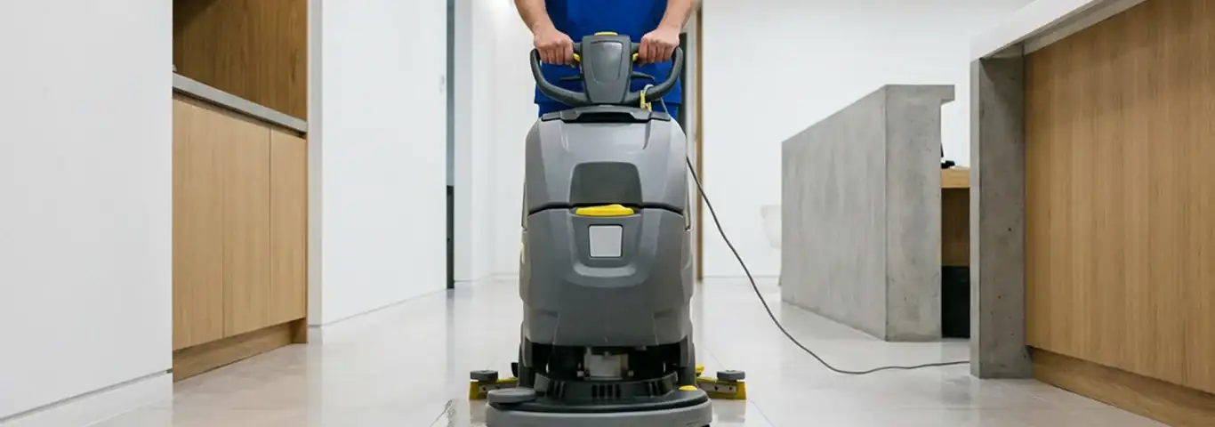 Janitorial staff using a floor scrubber machine to clean a commercial hallway, Long Beach, CA.