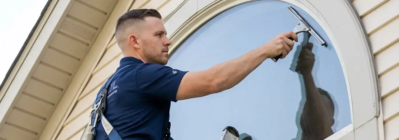 Professional window cleaner using a squeegee to clean an exterior arched window on a home, Long Beach, CA.