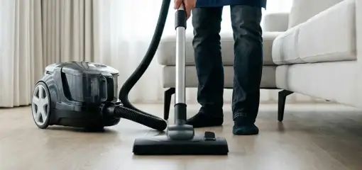 Professional house cleaner vacuuming a living room floor with a canister vacuum cleaner, Long Beach, CA.