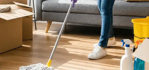 Move-out cleaning setup with a cleaner mopping hardwood floors near moving boxes and cleaning supplies, Long Beach, CA.