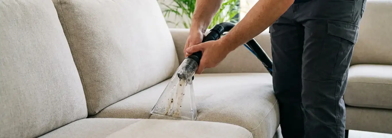 Technician extracting dirt and moisture from a fabric sofa with an upholstery cleaning wand, Long Beach, CA.