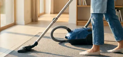 Person vacuuming a living room rug with a canister vacuum cleaner near large windows, Long Beach, CA.